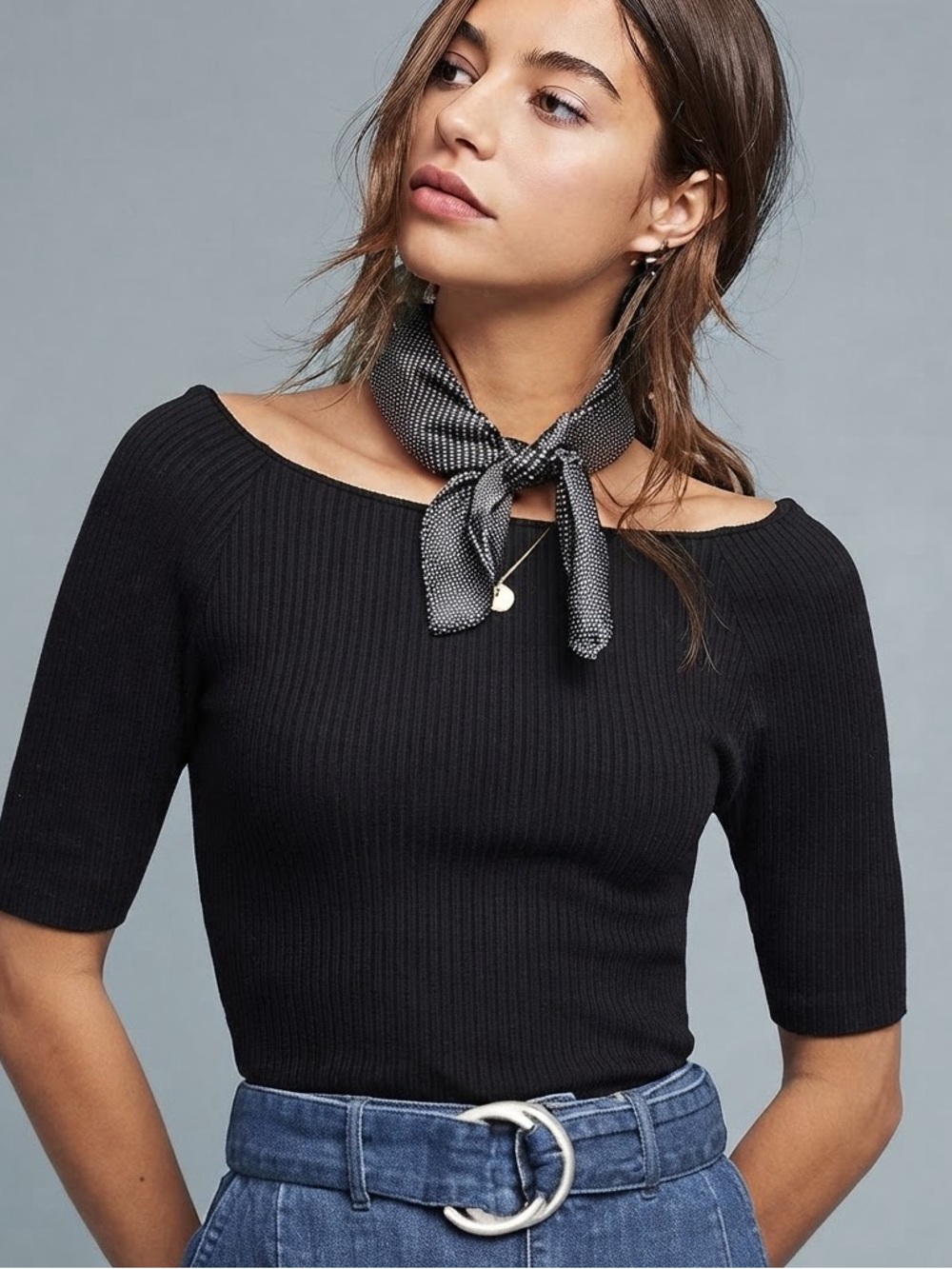 Anthropologie ETT:TWA Sz XL L’Opera Ribbed Black Boat Neck Top
